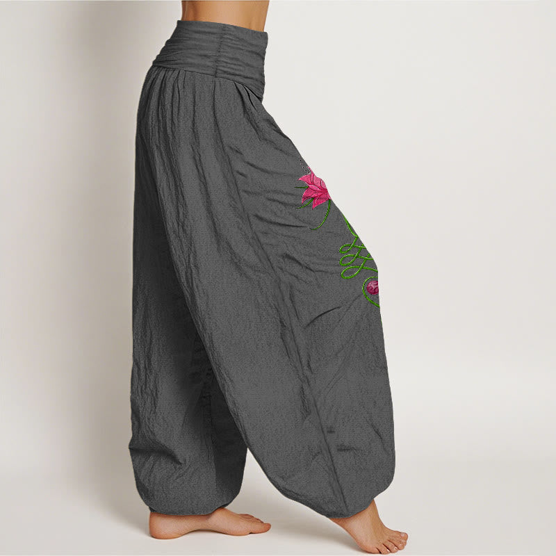 Nimara Ritual Pure Cotton Strong Color Contrast Lotus Flower Pattern Women's Elastic Waist Harem Pants