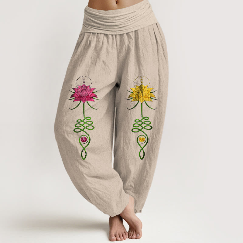 Nimara Ritual Pure Cotton Strong Color Contrast Lotus Flower Pattern Women's Elastic Waist Harem Pants