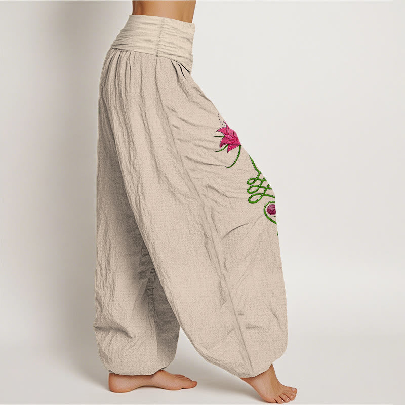 Nimara Ritual Pure Cotton Strong Color Contrast Lotus Flower Pattern Women's Elastic Waist Harem Pants