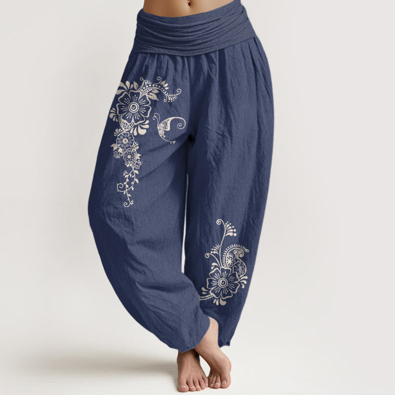Nimara Ritual Pure Cotton Simple Elegant Flower Butterfly Vine Pattern Women's Elastic Waist Harem Pants