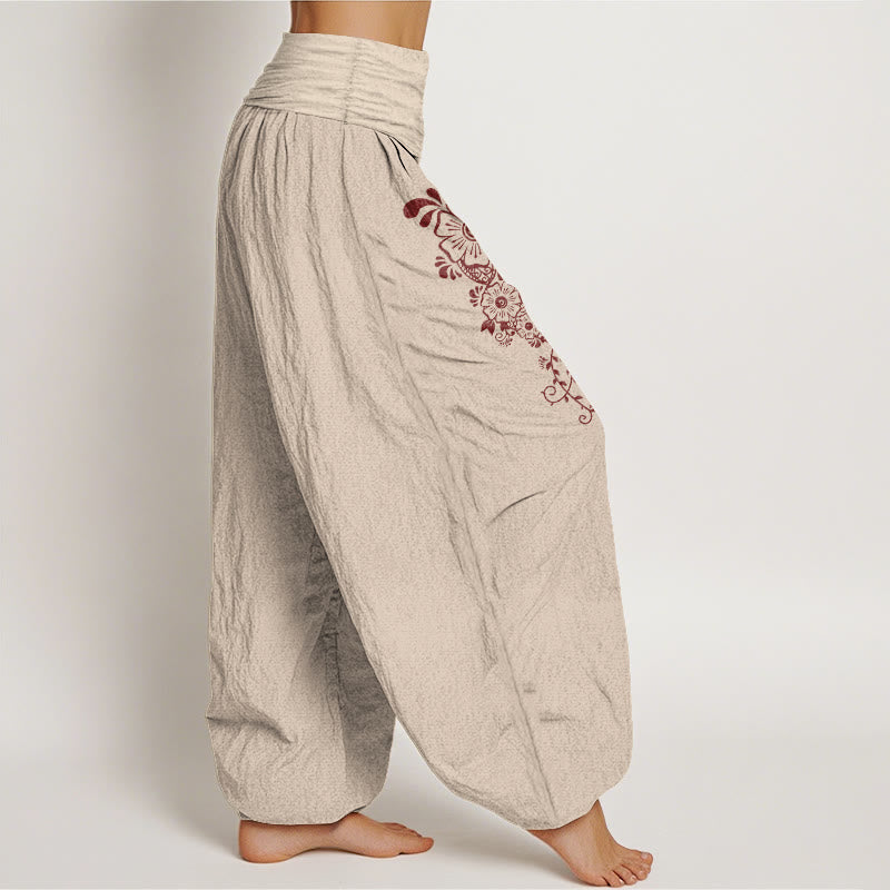 Nimara Ritual Pure Cotton Simple Elegant Flower Butterfly Vine Pattern Women's Elastic Waist Harem Pants