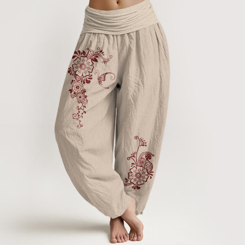Nimara Ritual Pure Cotton Simple Elegant Flower Butterfly Vine Pattern Women's Elastic Waist Harem Pants