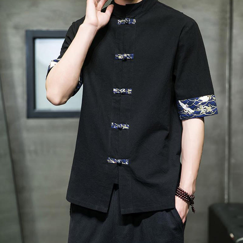 Nimara Ritual Solid Color Frog-Button Stand Collar Men's Short Sleeve White Crane Cotton Shirt