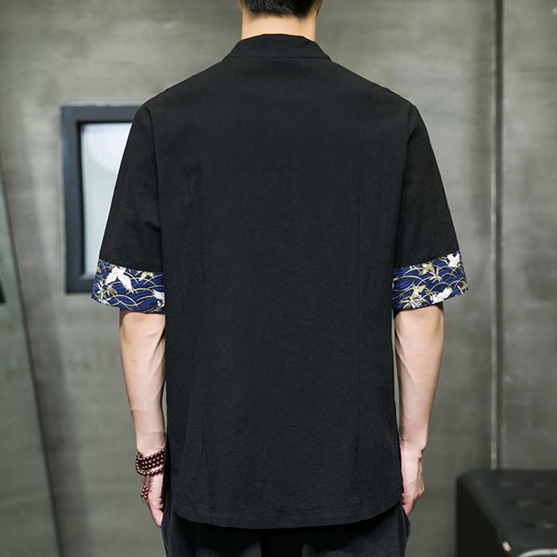 Nimara Ritual Solid Color Frog-Button Stand Collar Men's Short Sleeve White Crane Cotton Shirt