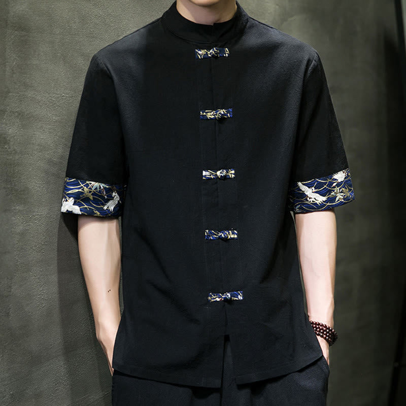 Nimara Ritual Solid Color Frog-Button Stand Collar Men's Short Sleeve White Crane Cotton Shirt