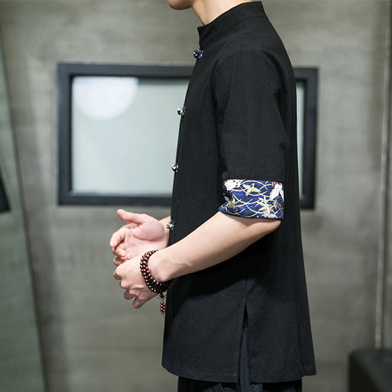 Nimara Ritual Solid Color Frog-Button Stand Collar Men's Short Sleeve White Crane Cotton Shirt