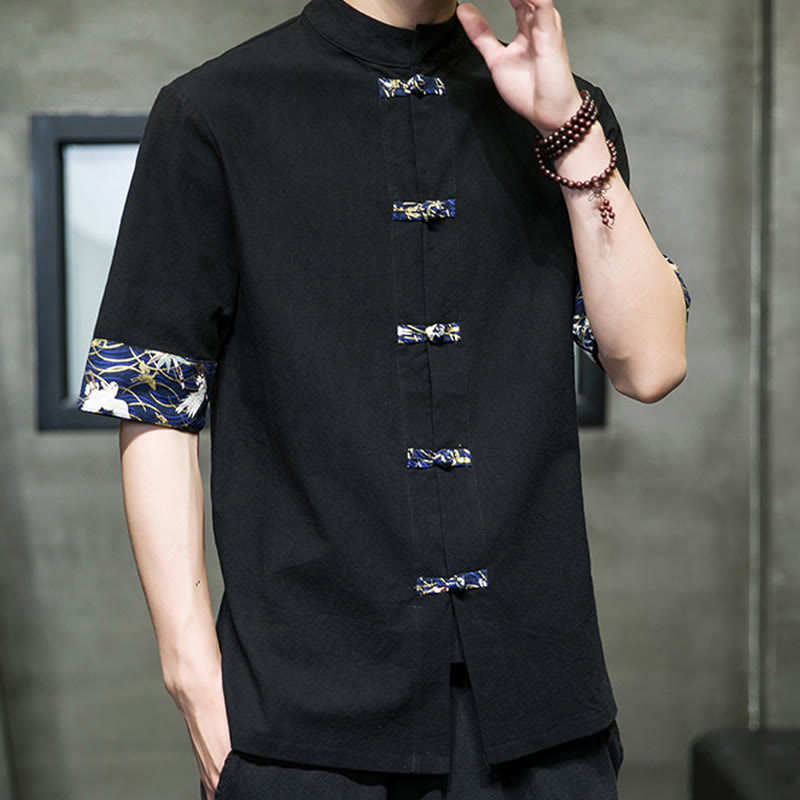 Nimara Ritual Solid Color Frog-Button Stand Collar Men's Short Sleeve White Crane Cotton Shirt