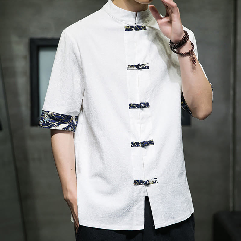 Nimara Ritual Solid Color Frog-Button Stand Collar Men's Short Sleeve White Crane Cotton Shirt