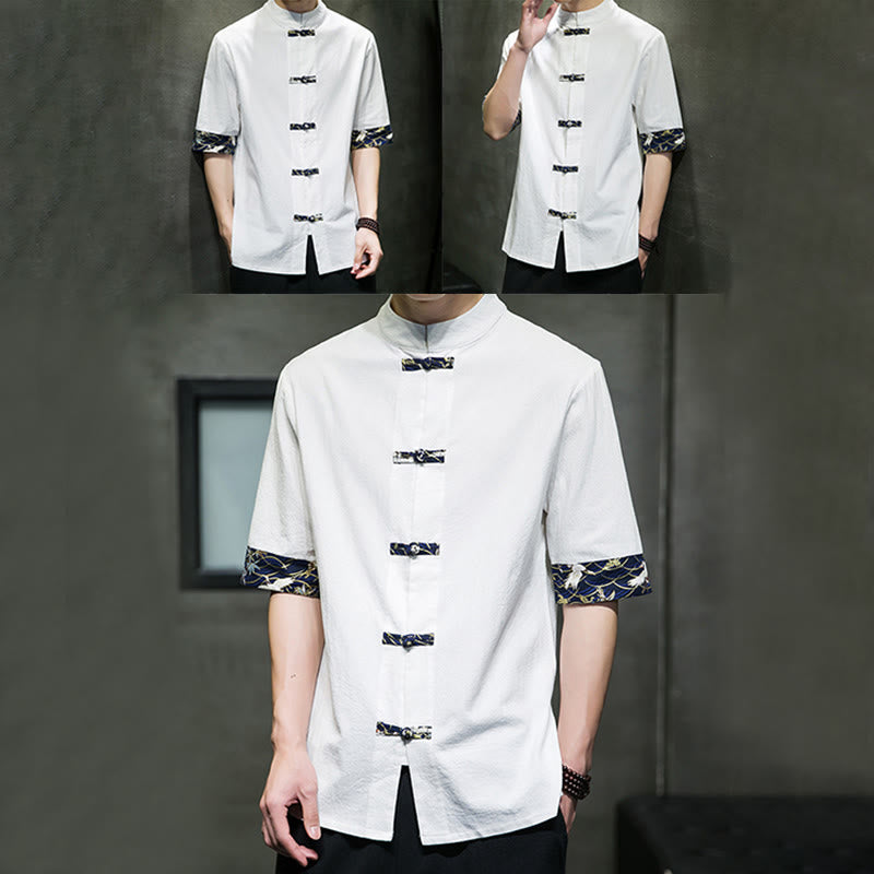 Nimara Ritual Solid Color Frog-Button Stand Collar Men's Short Sleeve White Crane Cotton Shirt