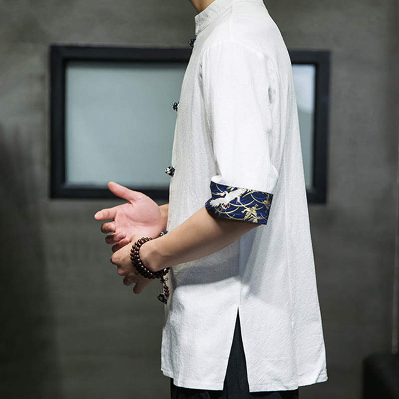 Nimara Ritual Solid Color Frog-Button Stand Collar Men's Short Sleeve White Crane Cotton Shirt