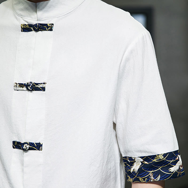 Nimara Ritual Solid Color Frog-Button Stand Collar Men's Short Sleeve White Crane Cotton Shirt