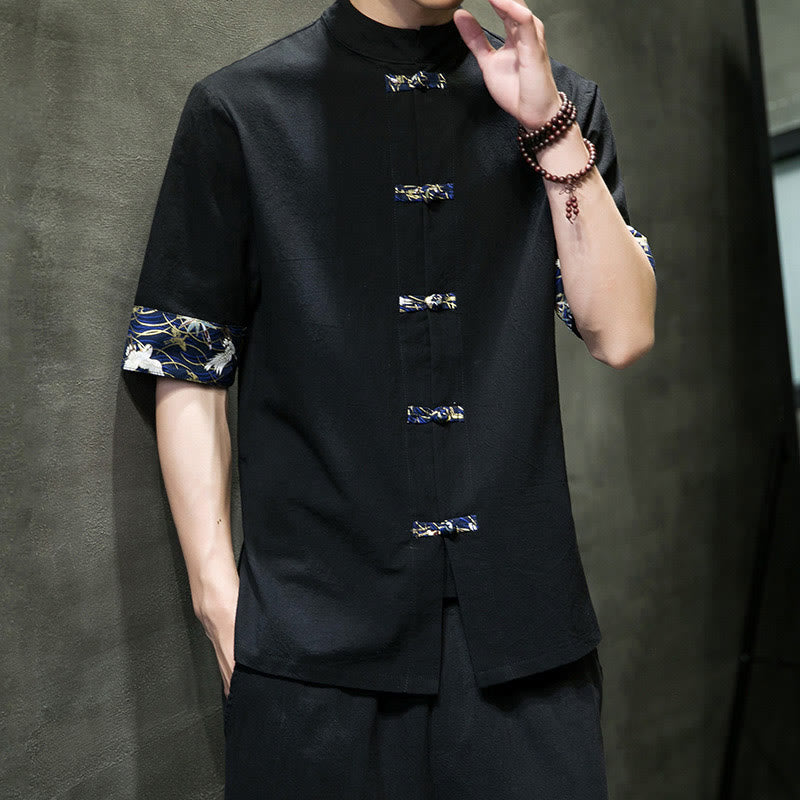 Nimara Ritual Solid Color Frog-Button Stand Collar Men's Short Sleeve White Crane Cotton Shirt