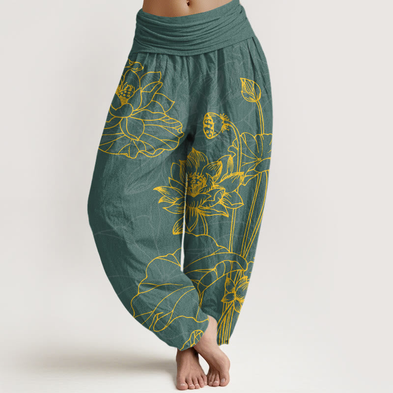 Nimara Ritual Pure Cotton Concise Lotus Flower Leaf Pod Bud Pattern Women's Elastic Waist Harem Pants