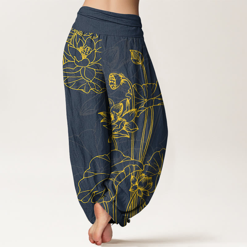 Nimara Ritual Pure Cotton Concise Lotus Flower Leaf Pod Bud Pattern Women's Elastic Waist Harem Pants
