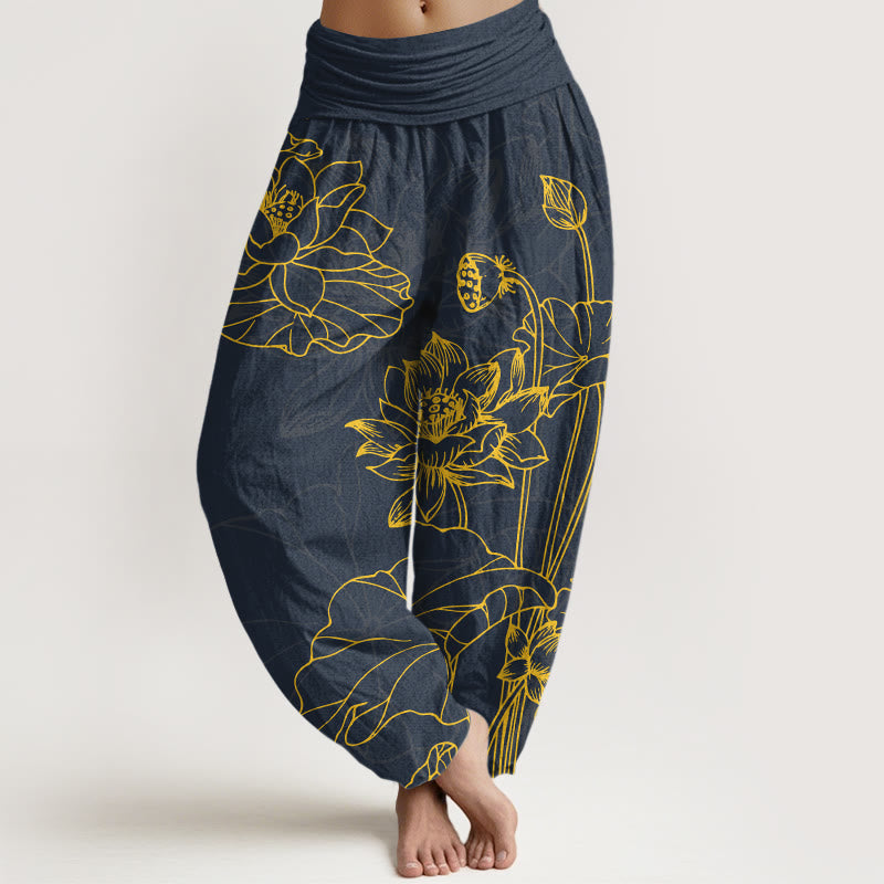 Nimara Ritual Pure Cotton Concise Lotus Flower Leaf Pod Bud Pattern Women's Elastic Waist Harem Pants