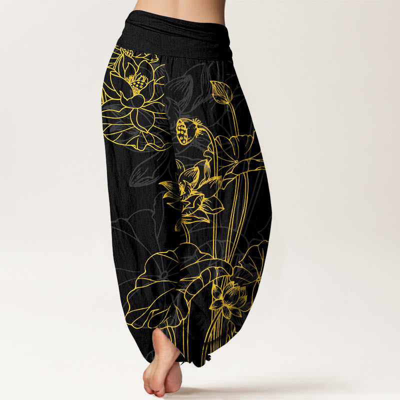 Nimara Ritual Pure Cotton Concise Lotus Flower Leaf Pod Bud Pattern Women's Elastic Waist Harem Pants