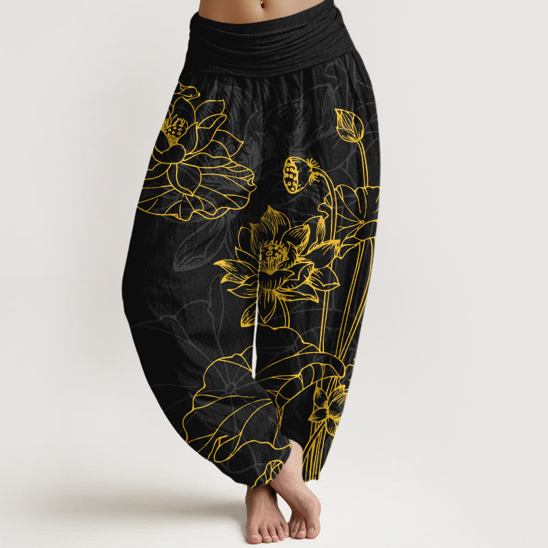 Nimara Ritual Pure Cotton Concise Lotus Flower Leaf Pod Bud Pattern Women's Elastic Waist Harem Pants