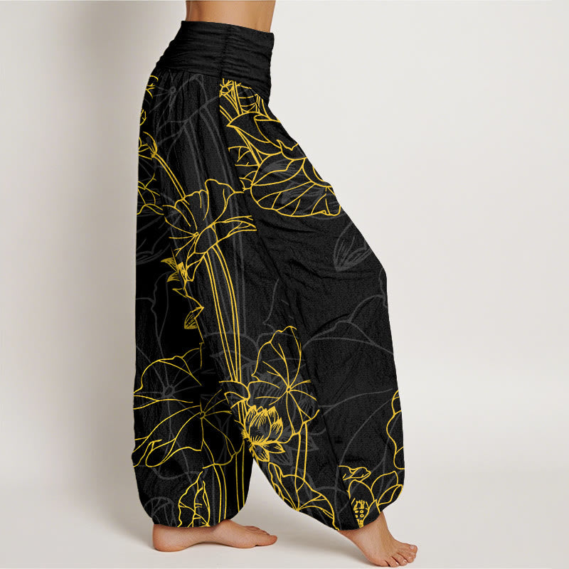 Nimara Ritual Pure Cotton Concise Lotus Flower Leaf Pod Bud Pattern Women's Elastic Waist Harem Pants