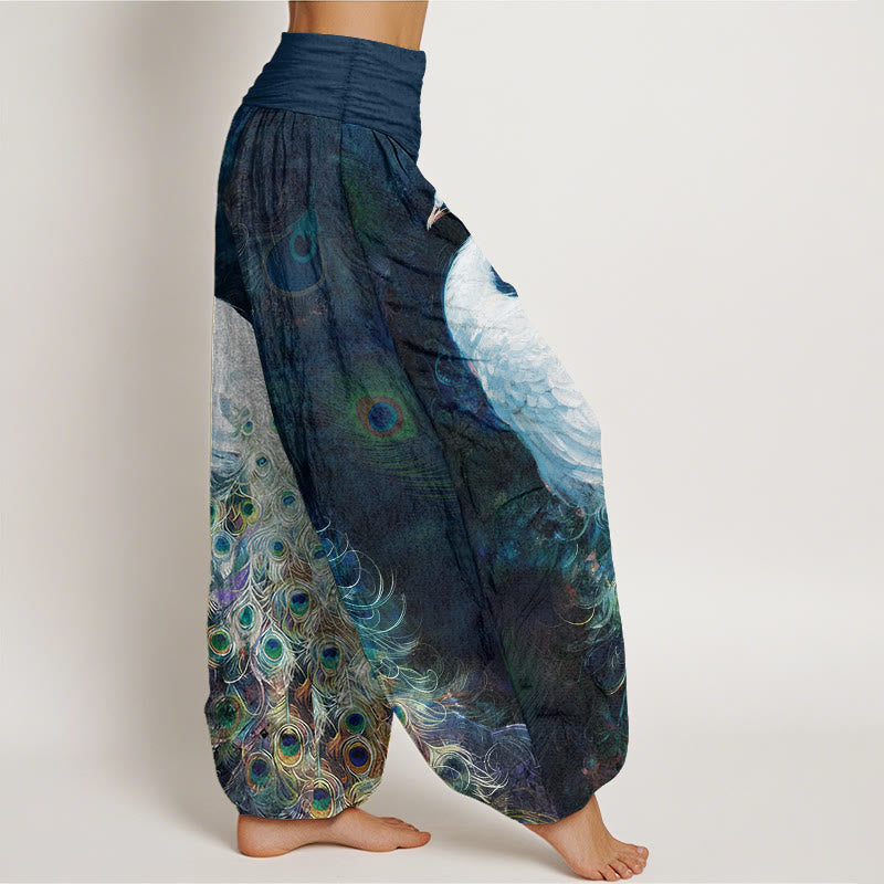 Nimara Ritual Pure Cotton Gorgeous Peacock Pattern Women's Elastic Waist Harem Pants
