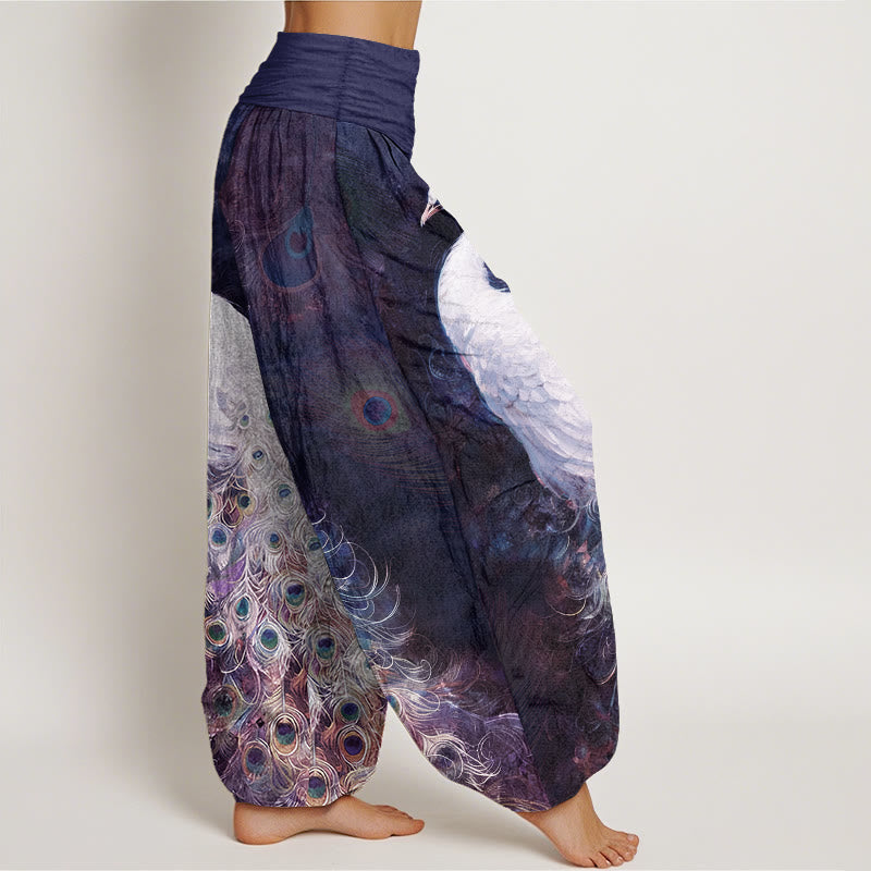 Nimara Ritual Pure Cotton Gorgeous Peacock Pattern Women's Elastic Waist Harem Pants