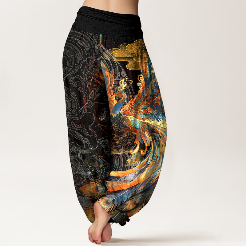 Nimara Ritual Pure Cotton Gorgeous Flying Phoenix Cloud Pattern Women's Elastic Waist Harem Pants