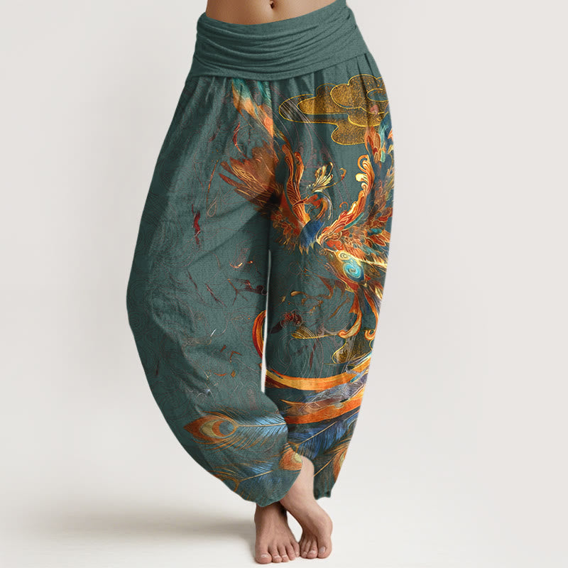 Nimara Ritual Pure Cotton Gorgeous Flying Phoenix Cloud Pattern Women's Elastic Waist Harem Pants