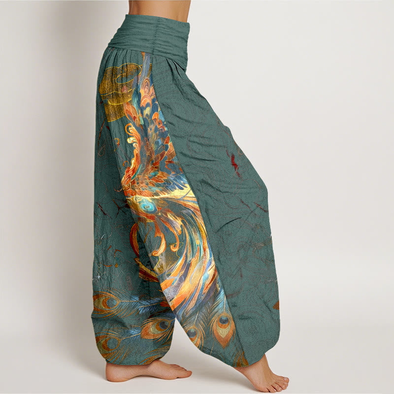Nimara Ritual Pure Cotton Gorgeous Flying Phoenix Cloud Pattern Women's Elastic Waist Harem Pants