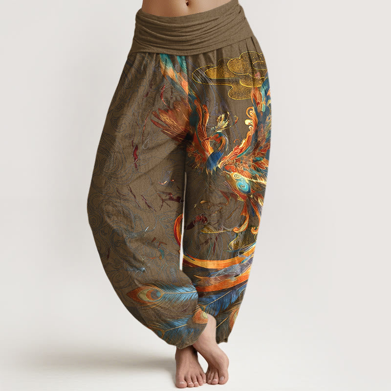 Nimara Ritual Pure Cotton Gorgeous Flying Phoenix Cloud Pattern Women's Elastic Waist Harem Pants
