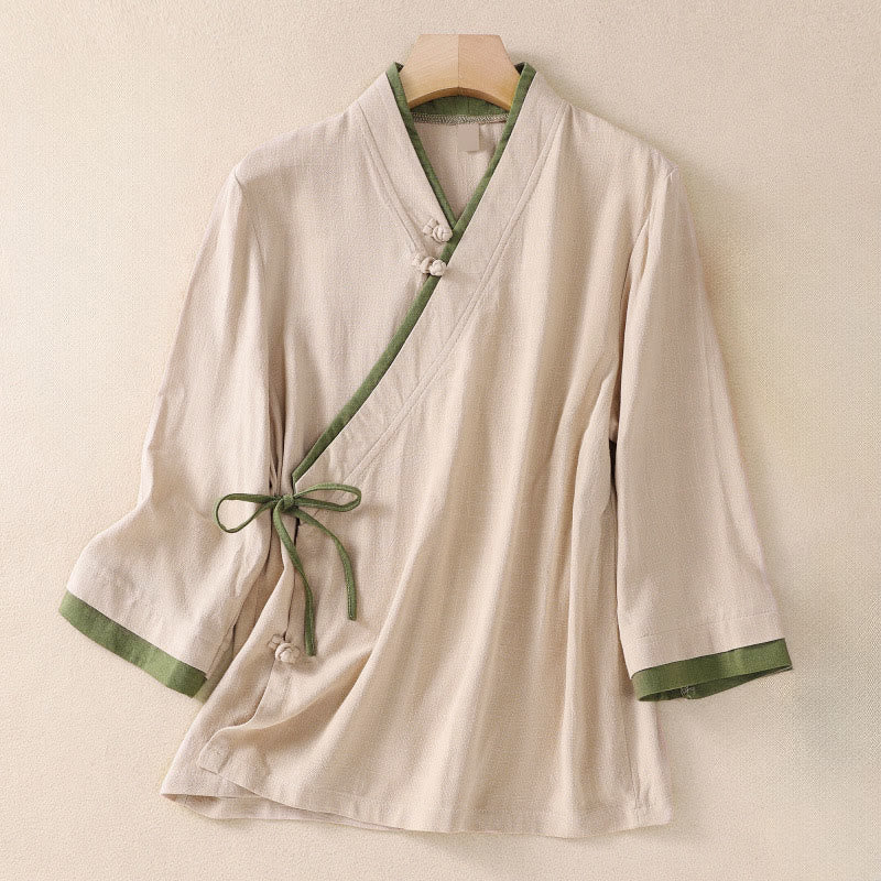 Nimara Ritual Retro Lace-up Frog-Button Design Women's Three Quarter Sleeve Shirt