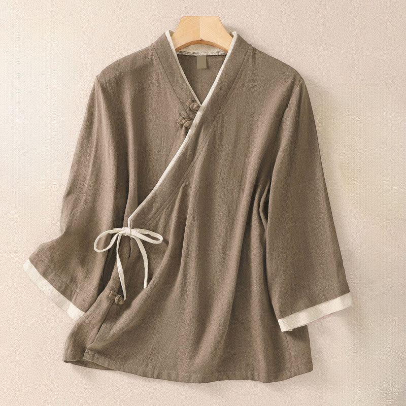 Nimara Ritual Retro Lace-up Frog-Button Design Women's Three Quarter Sleeve Shirt