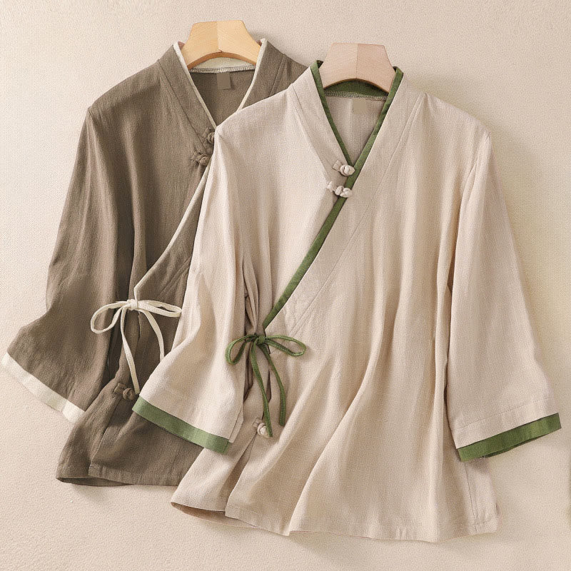 Nimara Ritual Retro Lace-up Frog-Button Design Women's Three Quarter Sleeve Shirt