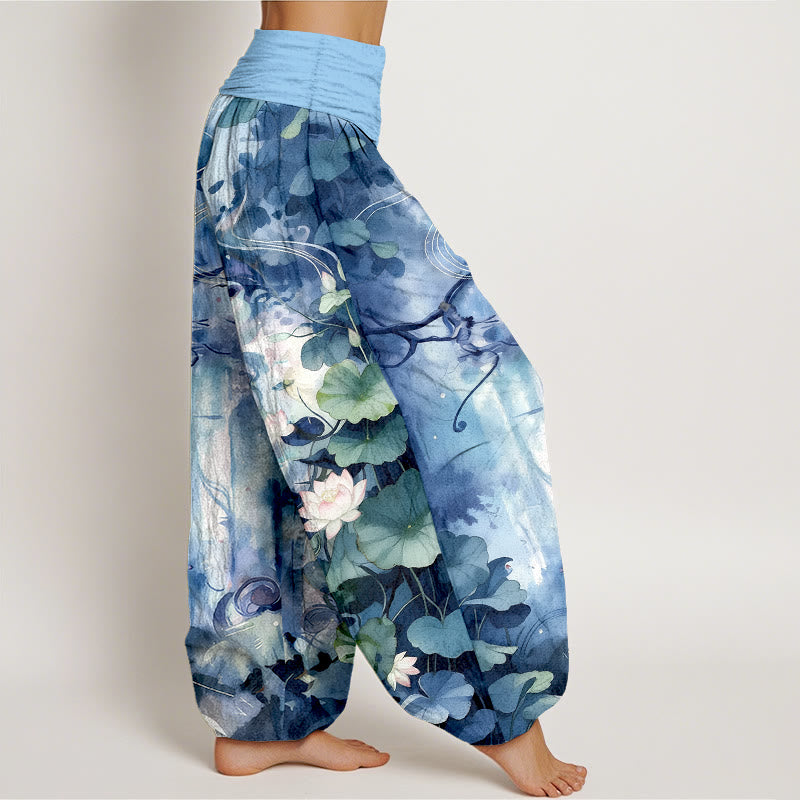 Nimara Ritual Pure Cotton Watercolor Style Lotus Flower Leaf Pattern Women's Elastic Waist Harem Pants