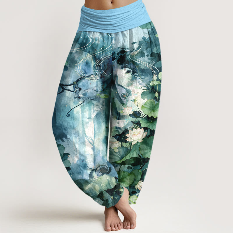 Nimara Ritual Pure Cotton Watercolor Style Lotus Flower Leaf Pattern Women's Elastic Waist Harem Pants