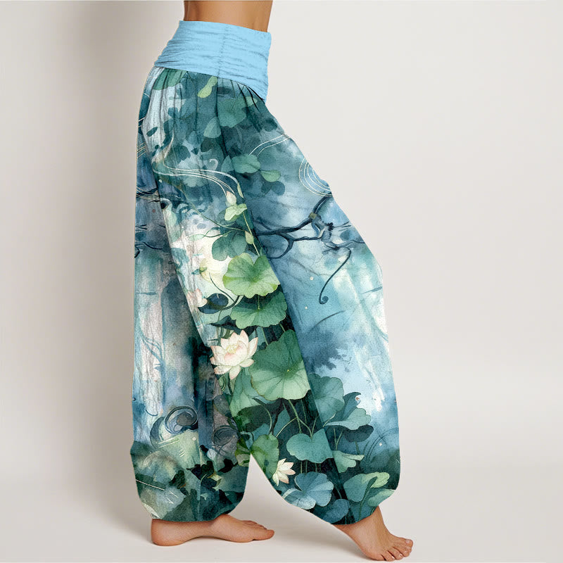 Nimara Ritual Pure Cotton Watercolor Style Lotus Flower Leaf Pattern Women's Elastic Waist Harem Pants