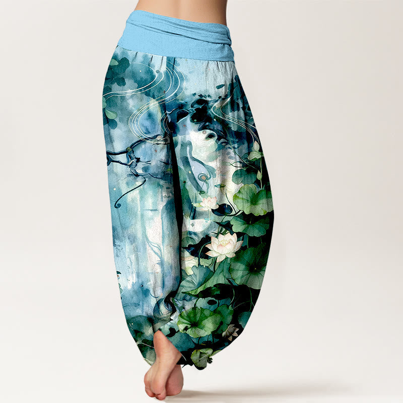 Nimara Ritual Pure Cotton Watercolor Style Lotus Flower Leaf Pattern Women's Elastic Waist Harem Pants