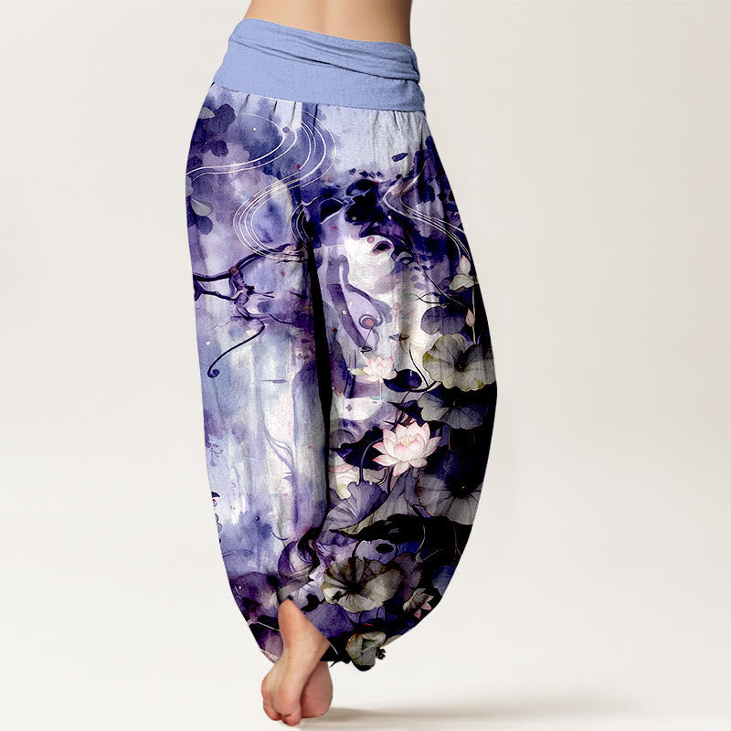 Nimara Ritual Pure Cotton Watercolor Style Lotus Flower Leaf Pattern Women's Elastic Waist Harem Pants