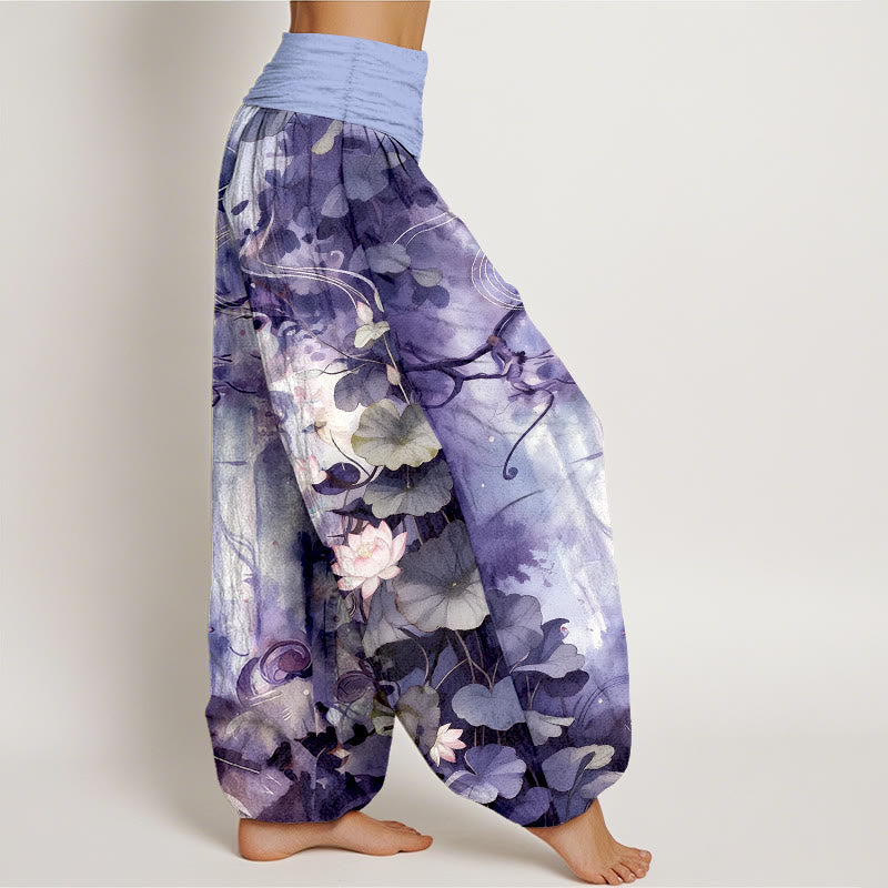 Nimara Ritual Pure Cotton Watercolor Style Lotus Flower Leaf Pattern Women's Elastic Waist Harem Pants