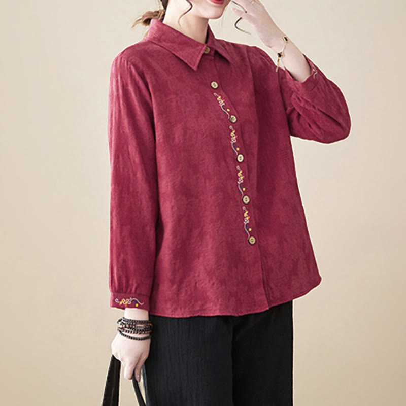 Nimara Ritual Spring Plain Embroidered Flower Pattern Button Women's Long Sleeve Cotton Lapel Shirt