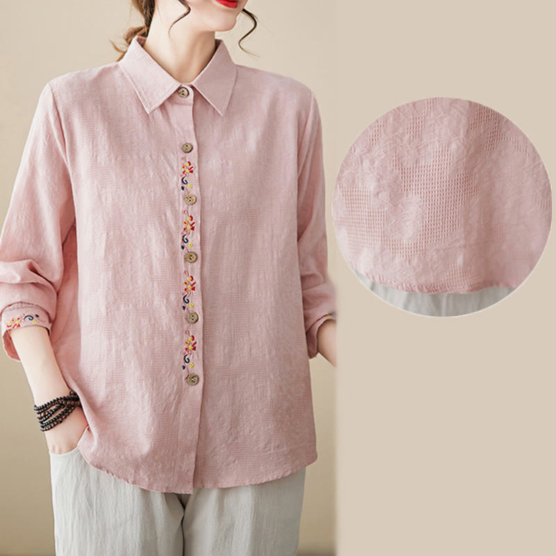 Nimara Ritual Spring Plain Embroidered Flower Pattern Button Women's Long Sleeve Cotton Lapel Shirt