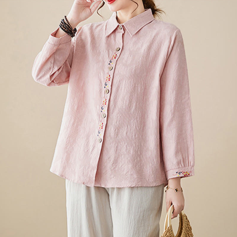 Nimara Ritual Spring Plain Embroidered Flower Pattern Button Women's Long Sleeve Cotton Lapel Shirt