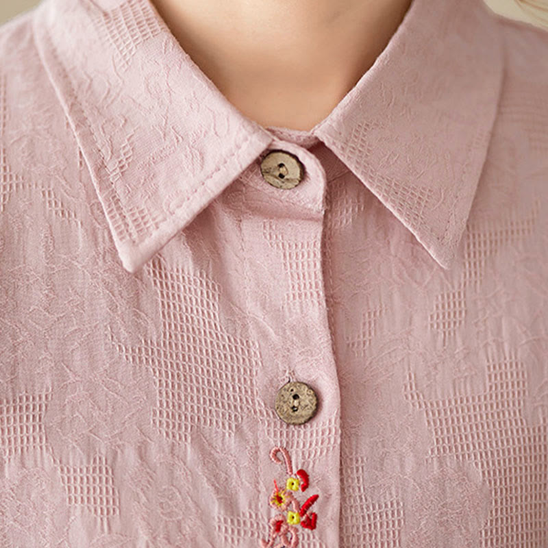 Nimara Ritual Spring Plain Embroidered Flower Pattern Button Women's Long Sleeve Cotton Lapel Shirt