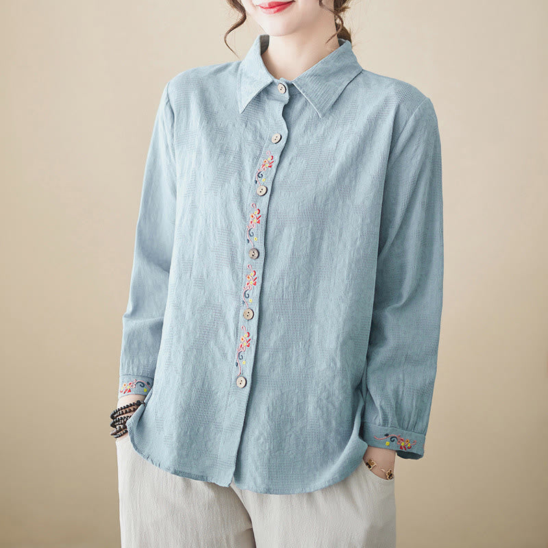 Nimara Ritual Spring Plain Embroidered Flower Pattern Button Women's Long Sleeve Cotton Lapel Shirt