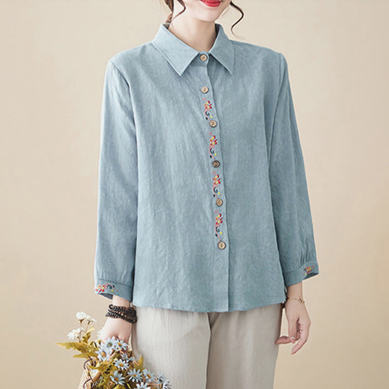 Nimara Ritual Spring Plain Embroidered Flower Pattern Button Women's Long Sleeve Cotton Lapel Shirt