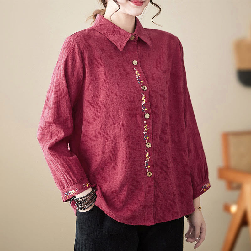 Nimara Ritual Spring Plain Embroidered Flower Pattern Button Women's Long Sleeve Cotton Lapel Shirt