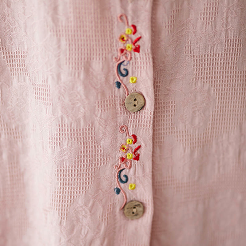 Nimara Ritual Spring Plain Embroidered Flower Pattern Button Women's Long Sleeve Cotton Lapel Shirt