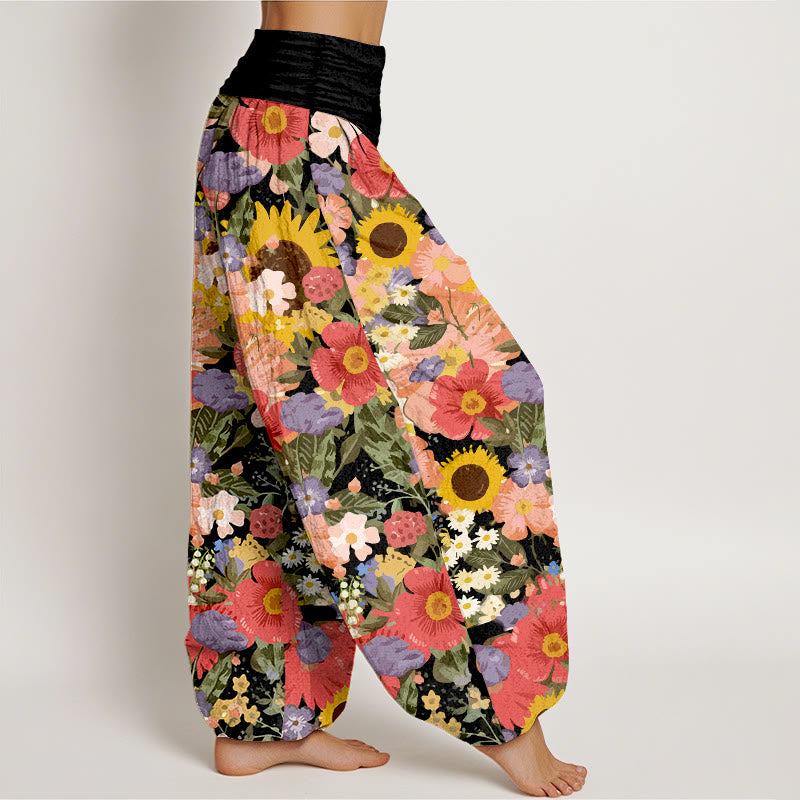 Nimara Ritual Pure Cotton Colorful Sunflower Daisy Small Red Purple Flowers Pattern Women's Elastic Waist Harem Pants