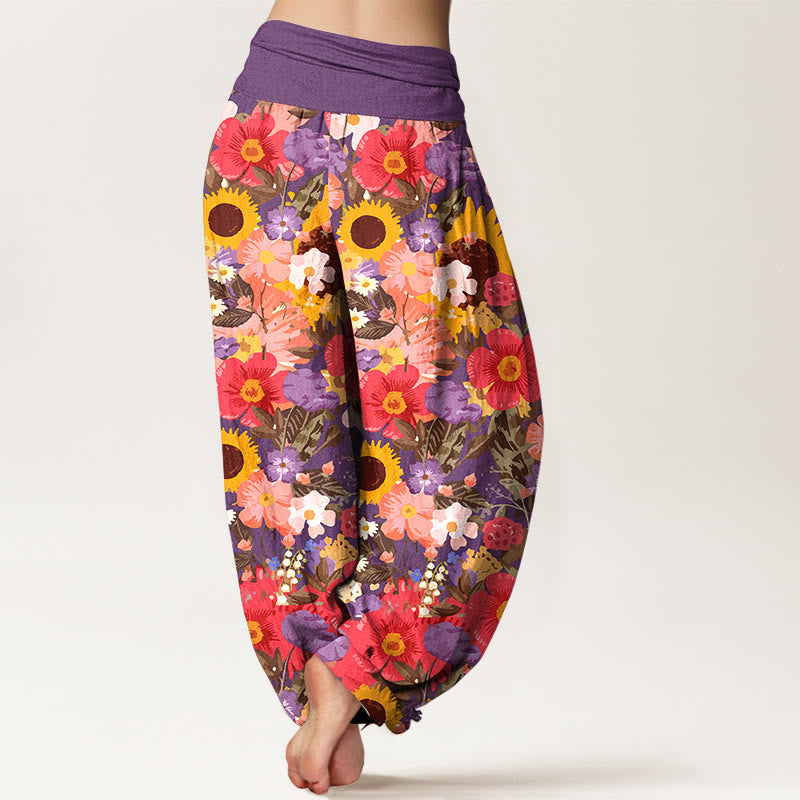 Nimara Ritual Pure Cotton Colorful Sunflower Daisy Small Red Purple Flowers Pattern Women's Elastic Waist Harem Pants