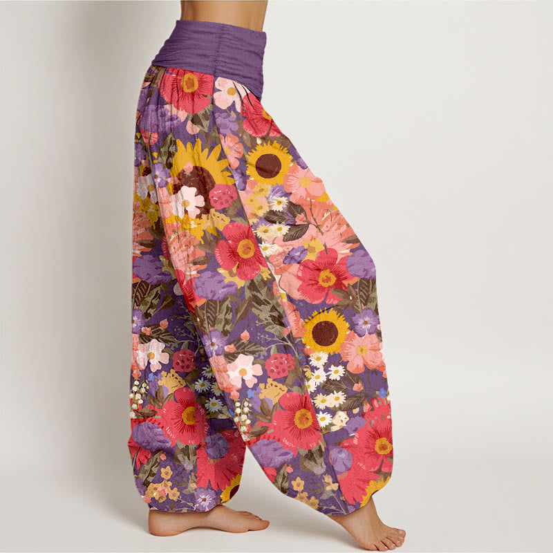 Nimara Ritual Pure Cotton Colorful Sunflower Daisy Small Red Purple Flowers Pattern Women's Elastic Waist Harem Pants