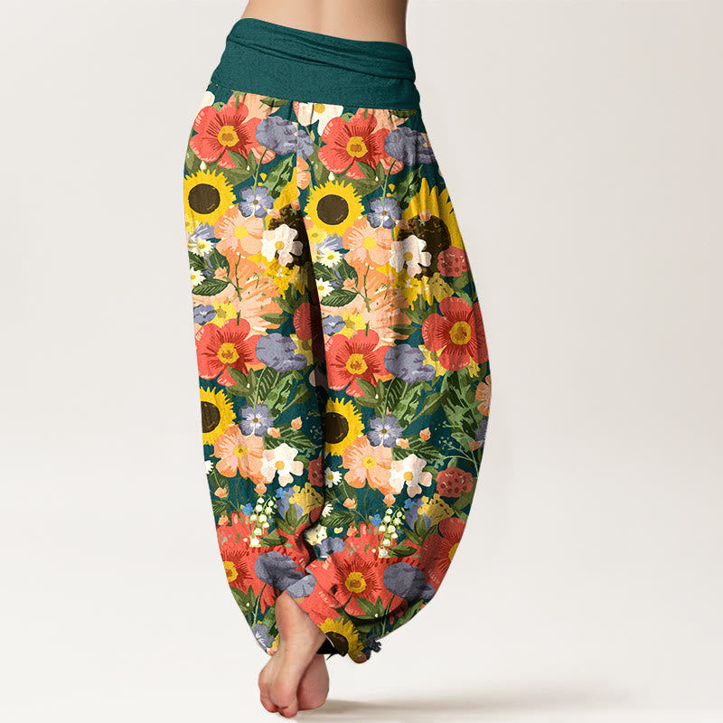 Nimara Ritual Pure Cotton Colorful Sunflower Daisy Small Red Purple Flowers Pattern Women's Elastic Waist Harem Pants