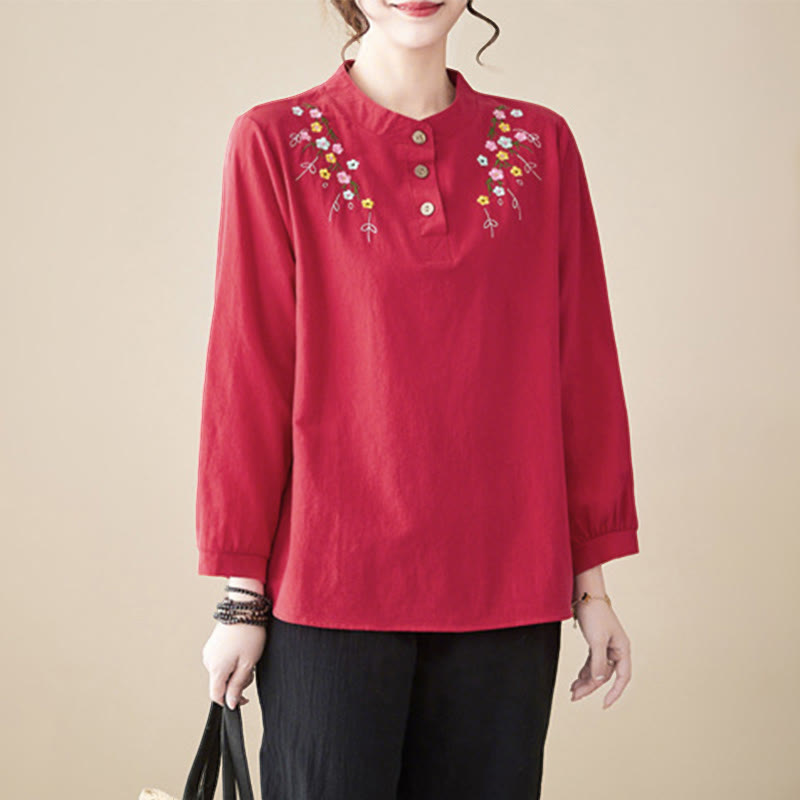 Nimara Ritual Women's Spring Embroidered Flower Pattern Stand Collar Long Sleeve Cotton Shirt